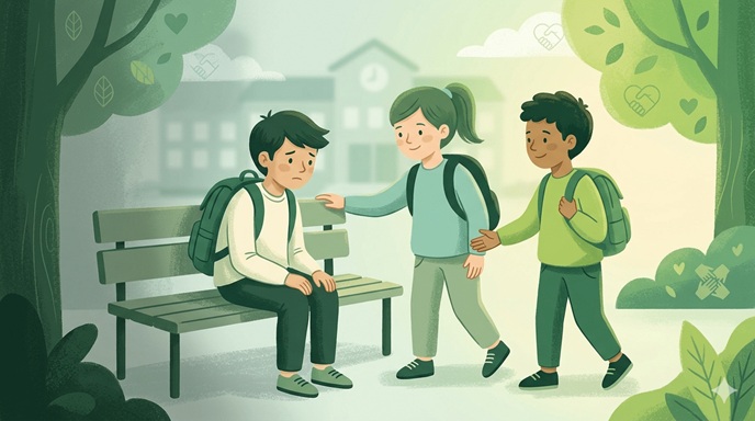 Enfants allant vers un camarade victime de harcèlement scolaire